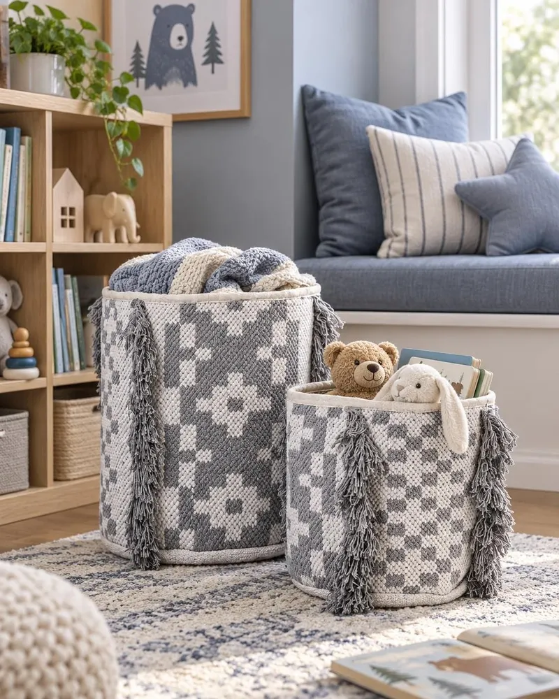 Set di 2 ceste cotone bianco imbrattato e grigio KALAI