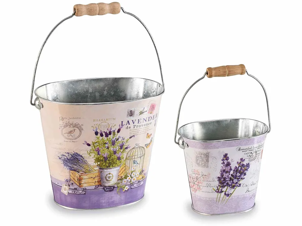 SET 2 VASI METALLO DECORO LAVANDA SECCHIELLO CON MANICO GRANDE E PICCOLO